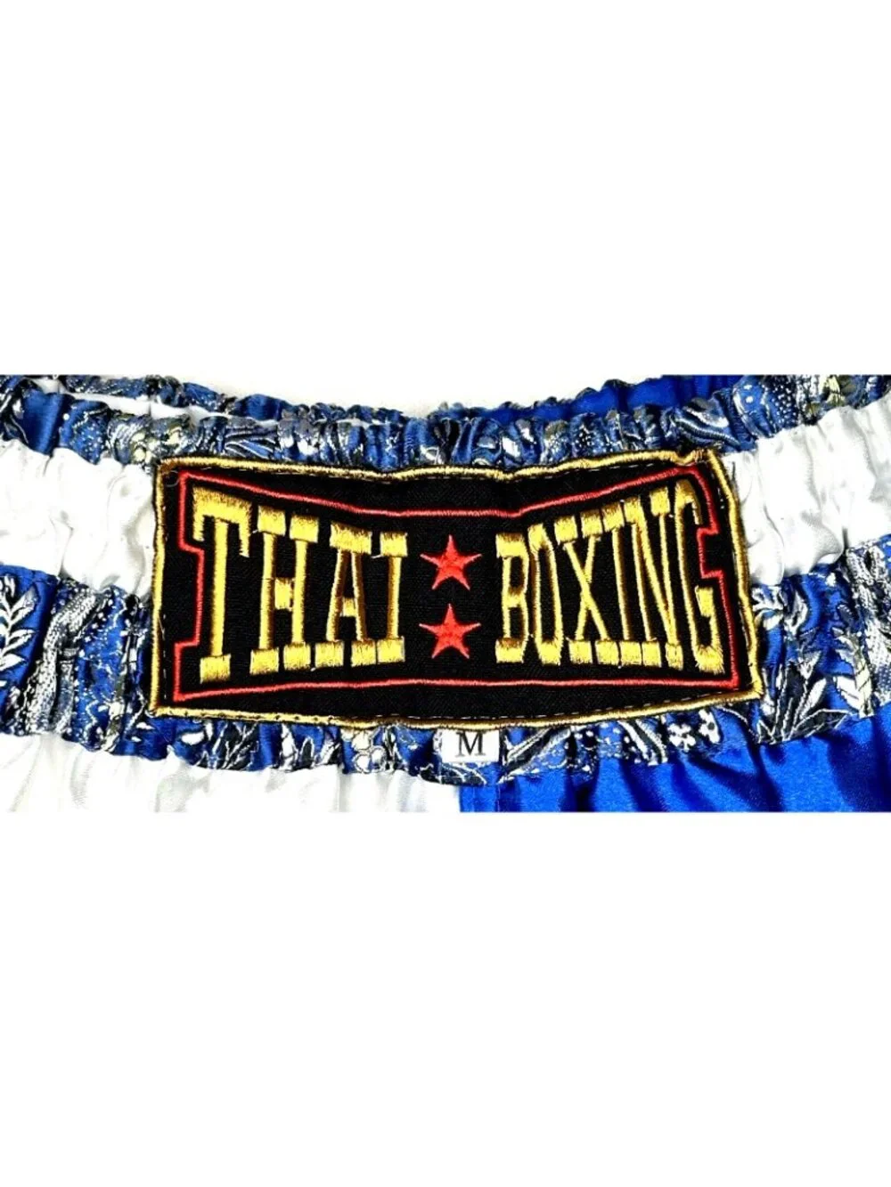 Muay Thai Fight Shorts Youth M Blue Gold Kickboxing MMA Training Satin Style